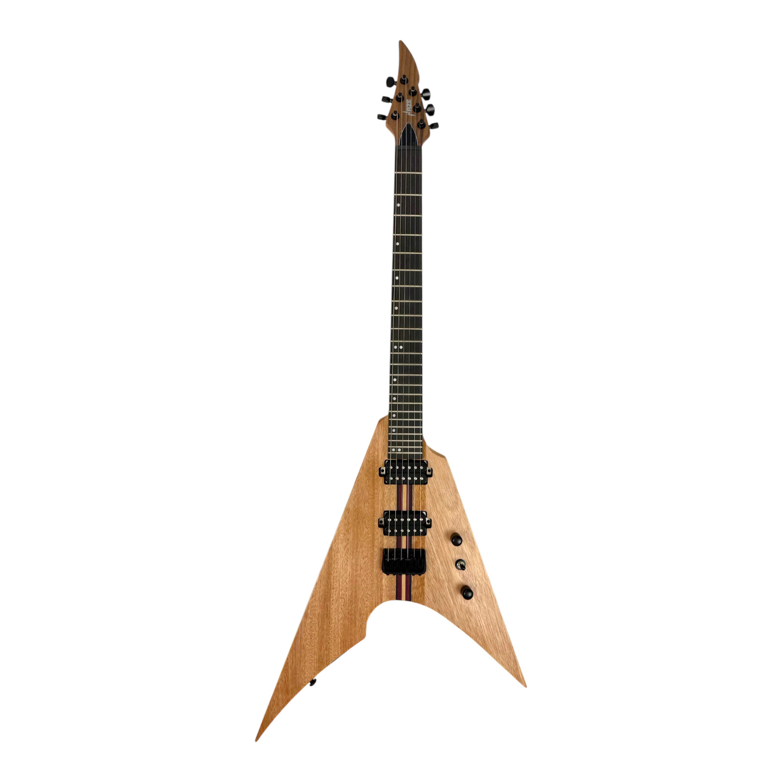 Haze FV6MS Foxglove V Electric Guitar Woodgrain Okoume Belcat Humbuckers 24F
