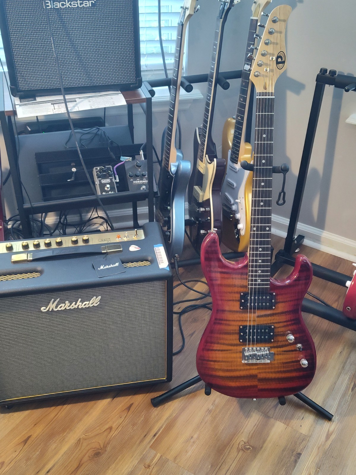 Pyle Pro Electric Guitar Cherry Sunburst Flame Top HH Humbucker w gig bag