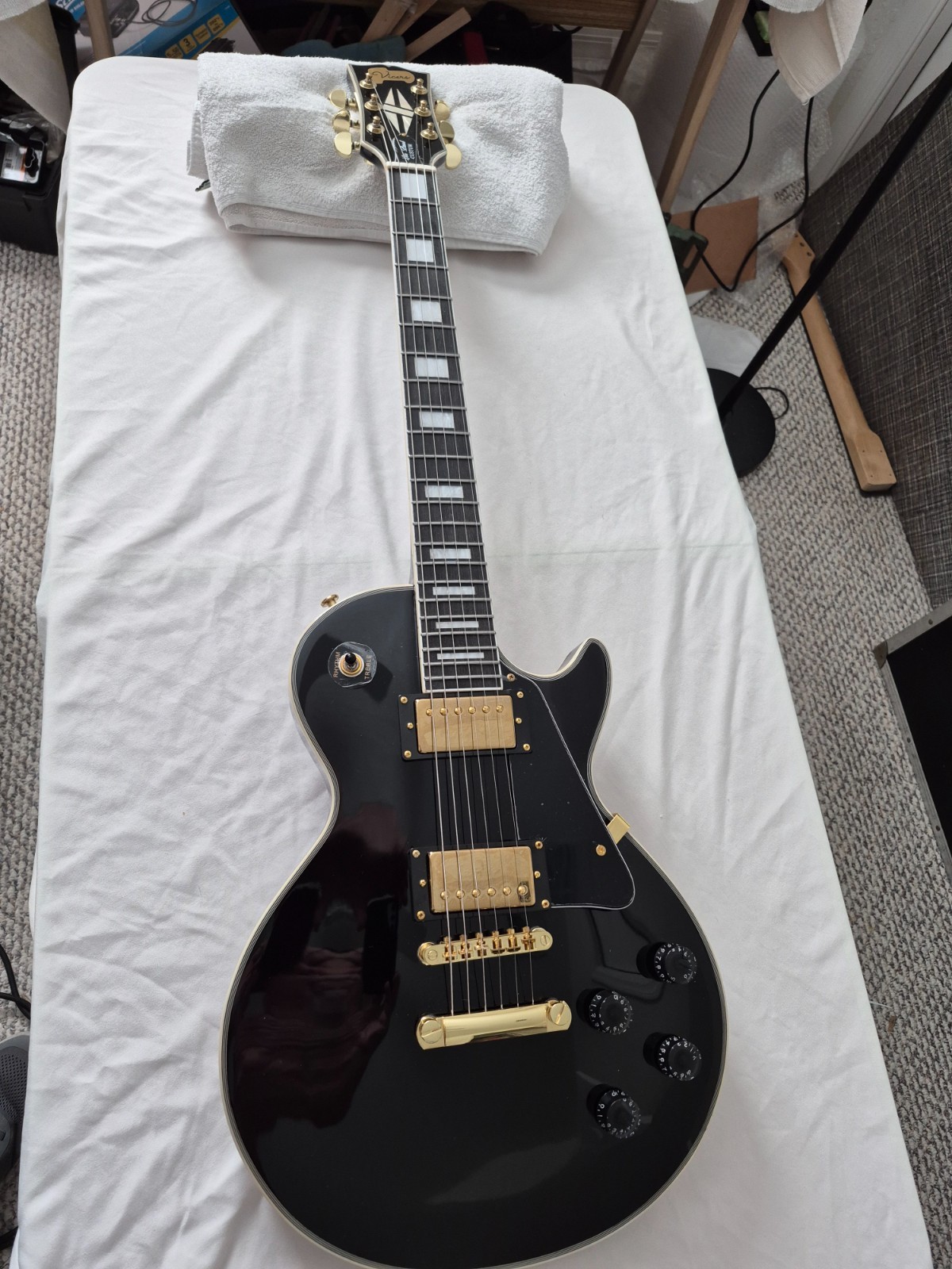 Vicers L/P Black Beauty Guitar Upgraded ProBuckers Coil Split Pots Orange Drops