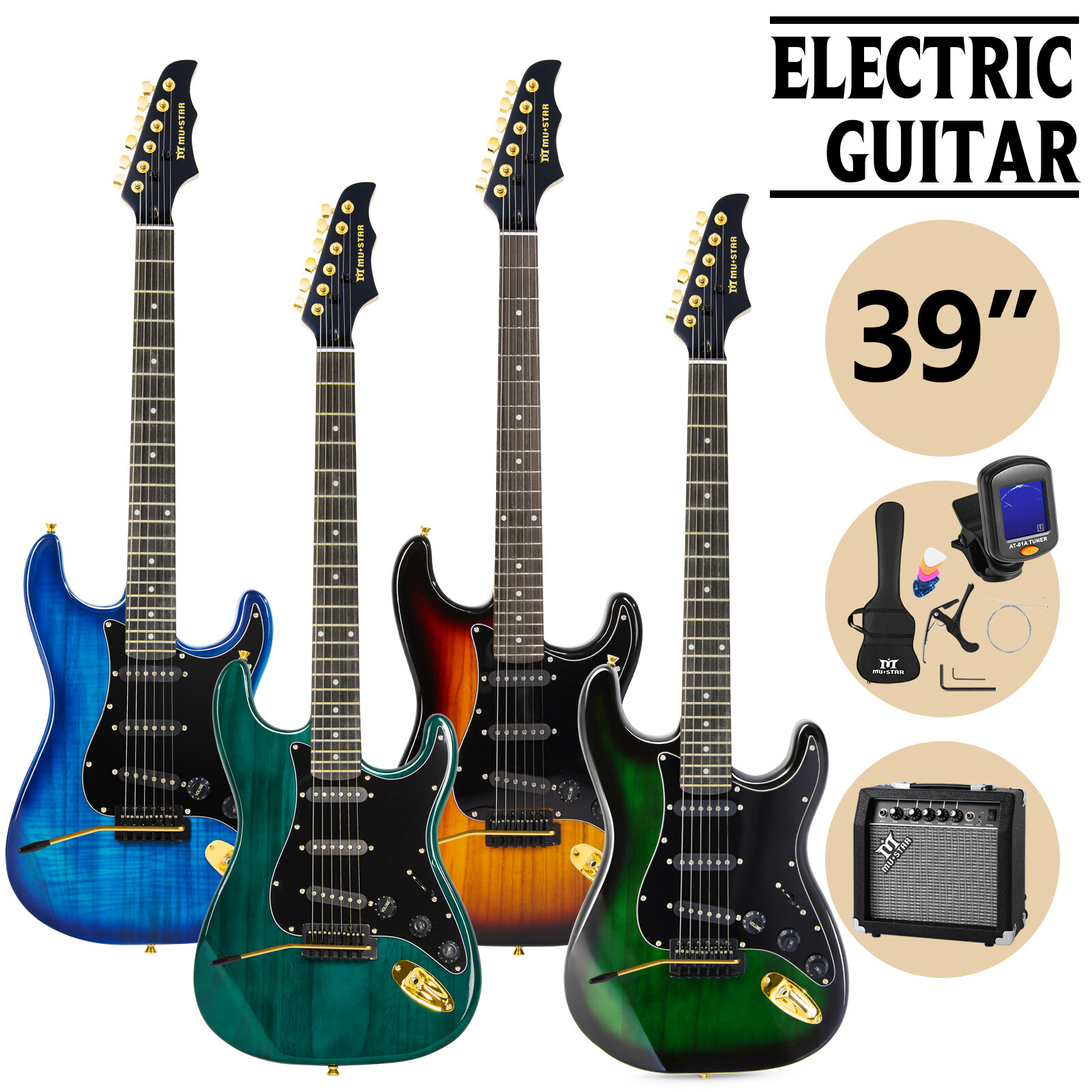 39 Inch Electric Guitar Full Size 6 String Instrument W/25W AMP+Bag+Tuner+Strap