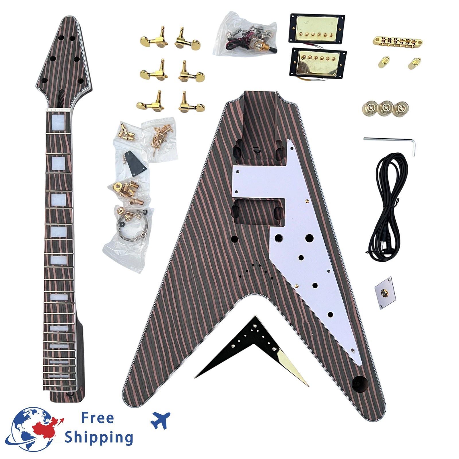 Bone Nuts DIY Electric Guitar Kits Set In V shape Bridges Zebrawood Free Ship