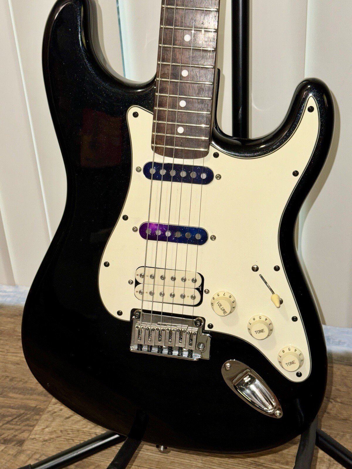 2008 Squier Strat Standard In Galaxy Black. Fresh Set Up With New Strings