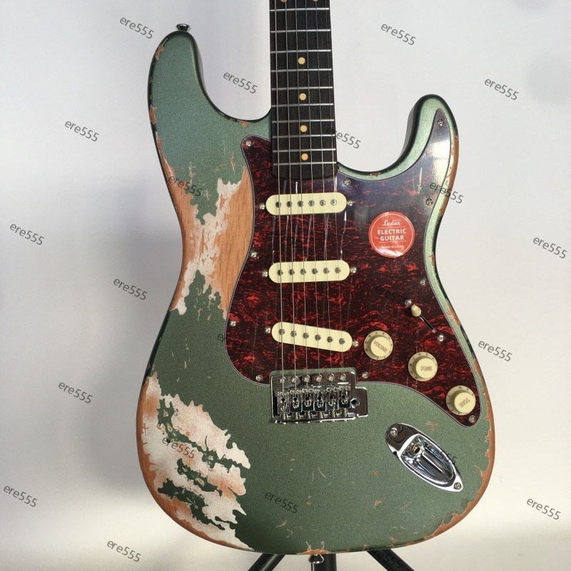 no logo electric guitar aged Dark green tremolo bridge SSS pickups fast delivery
