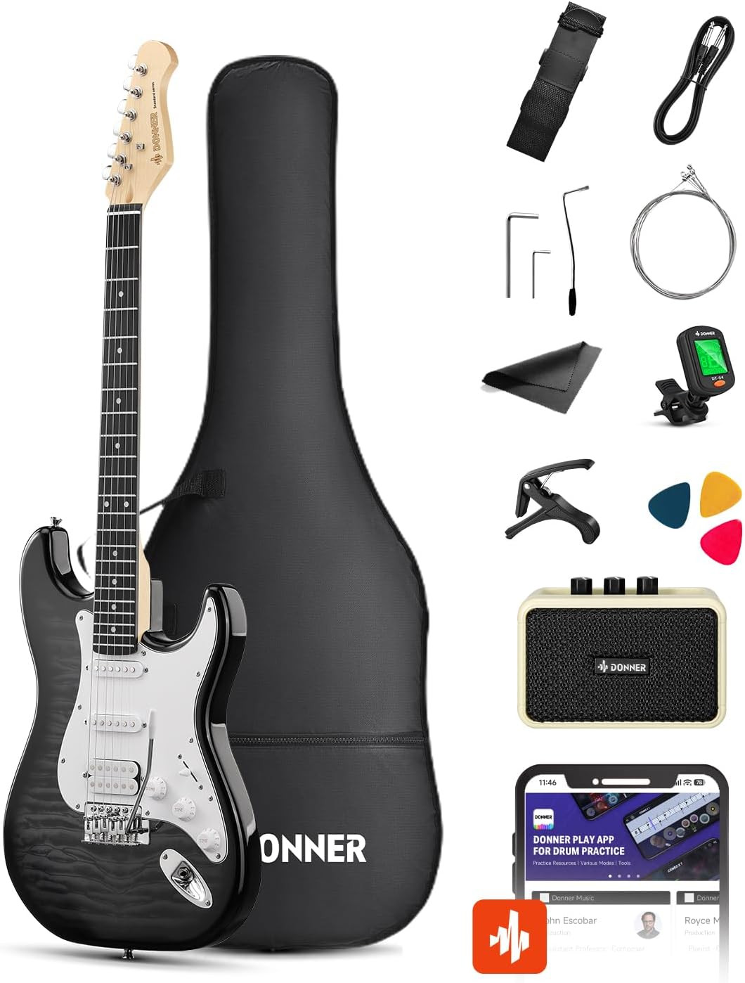 Donner DST-90 Electric Guitar, 39″ Full Size Beginner Electric Guitar Kit with A