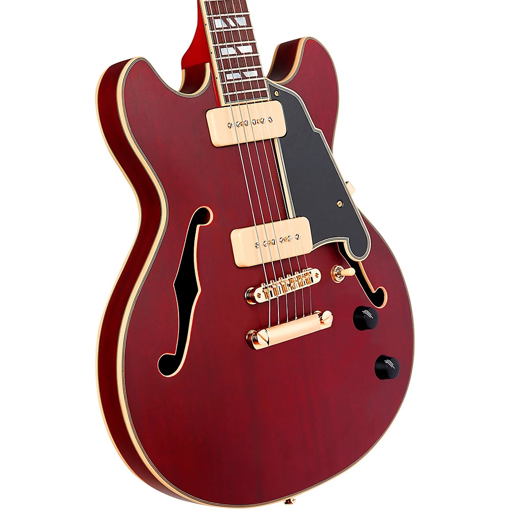 D’Angelico Deluxe Mini DC Semi-Hollow Electric Guitar Satin Trans Wine