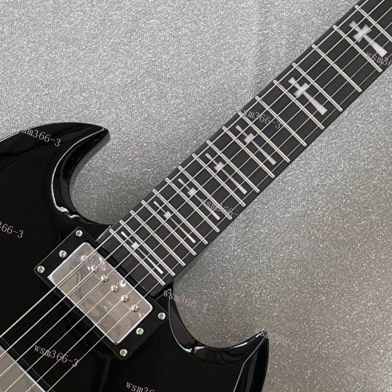 Solid Body Electric Guitar Stainless Rounded Fret Edge Cross Inlay 24F Black US