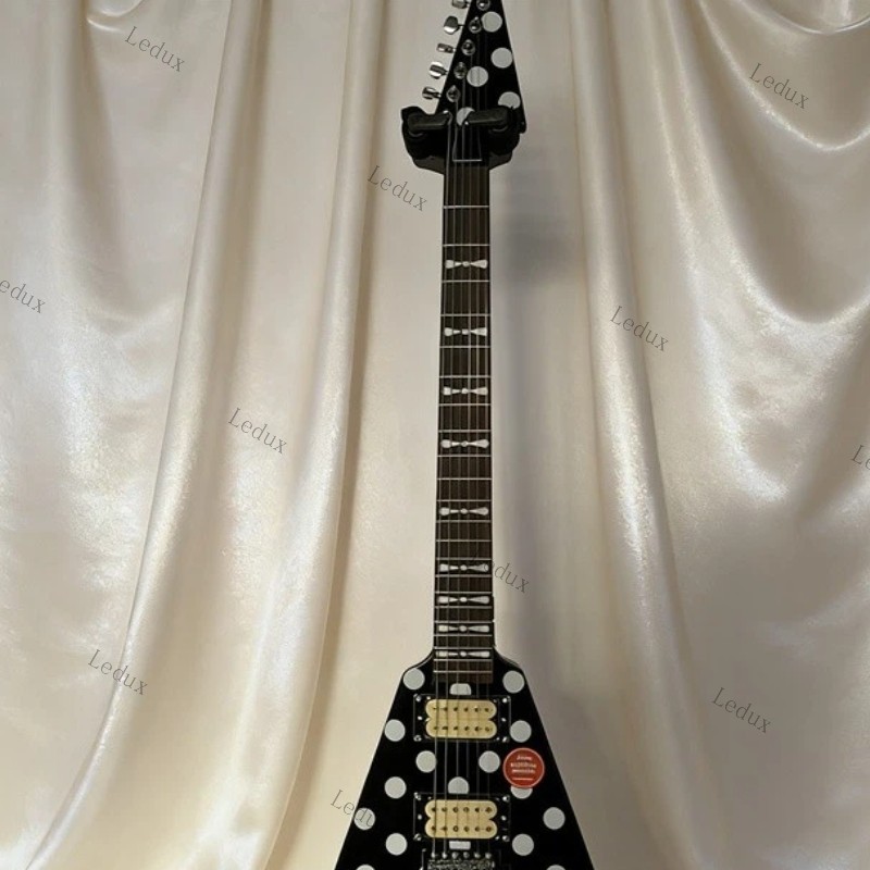 Black Randy Rhoads Polka Dot Flying V Electric Guitar HH Pickups Chrome Hardware