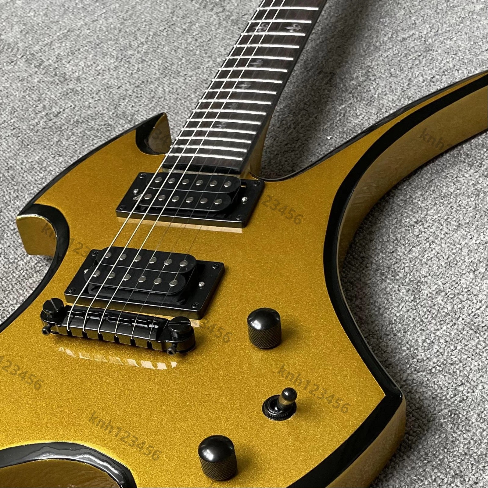 Sparkle Gold Curved Horn Irregular Electric Guitar HH Pickups Stainless Frets