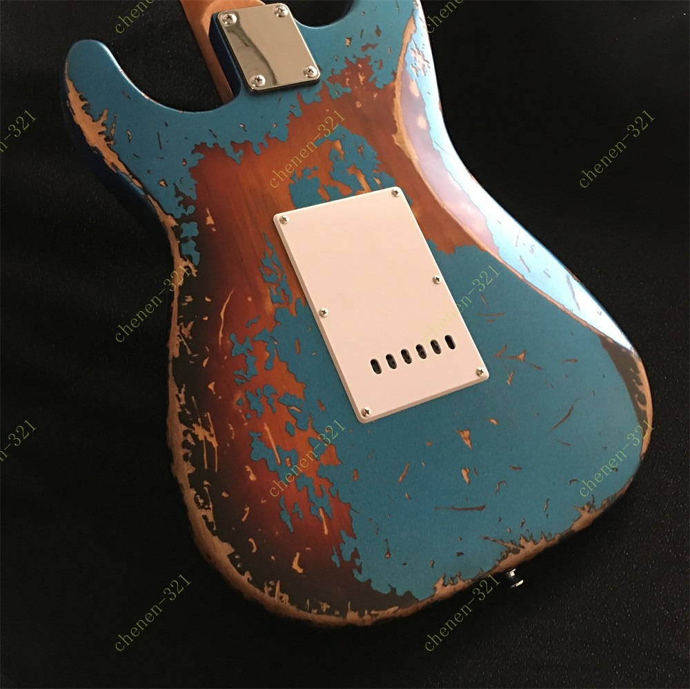 Electric Guitar Stainless Fret Red Turtle Shell Pickguard Blue 3-tone Sunburst