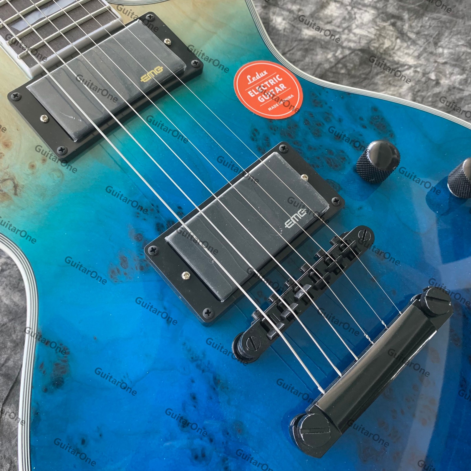 Solid Electric Guitar H-H Pickups Burl Top Ven Blue Finish Black HW Cutaway