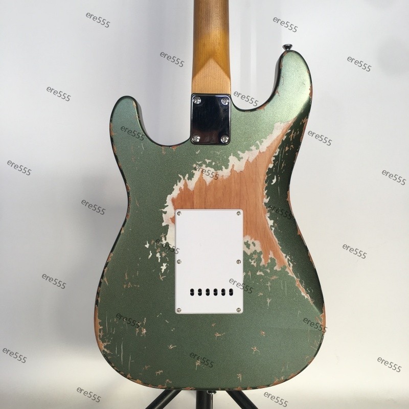 no logo electric guitar aged Dark green tremolo bridge SSS pickups fast delivery