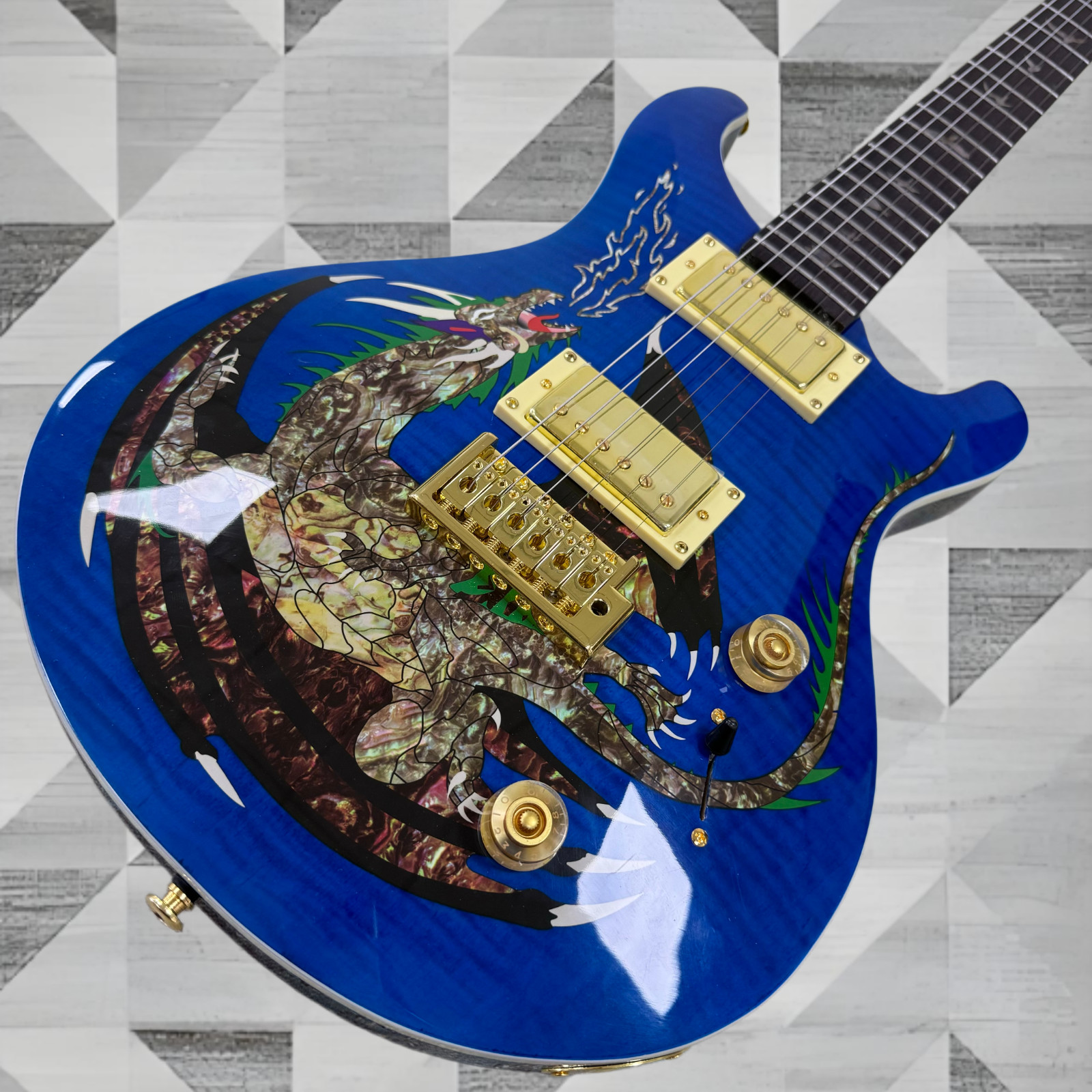 US Ship Metallic Blue Electric Guitar Abalone Dragon Inlay Graphic Gold Hardware