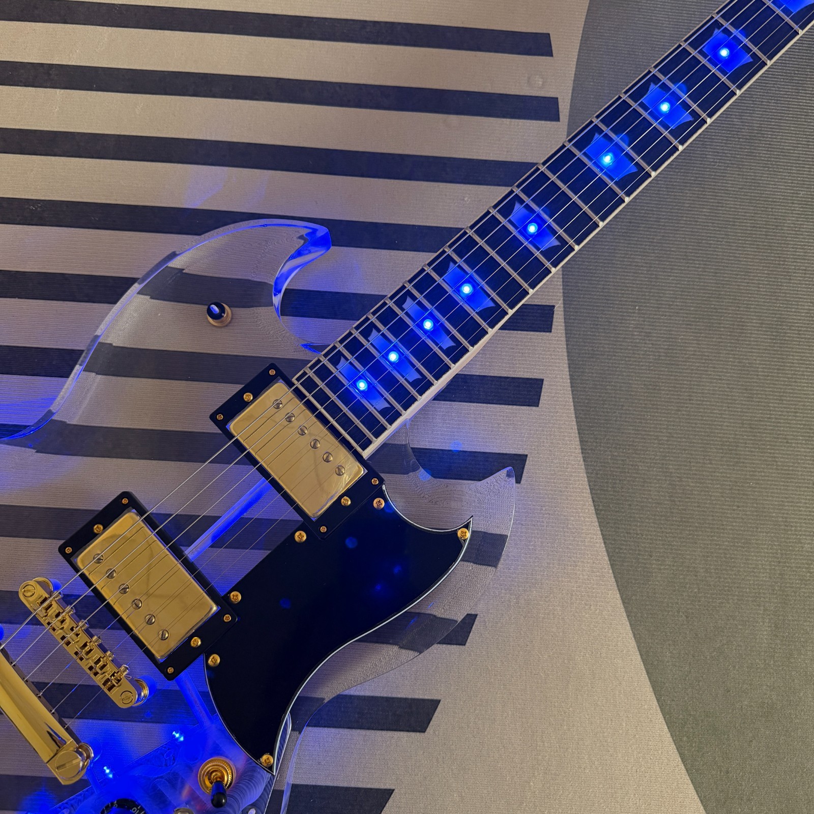 Acrylic Transparent Double Cut Electric Guitar Blue LED Lights GD PART Maple