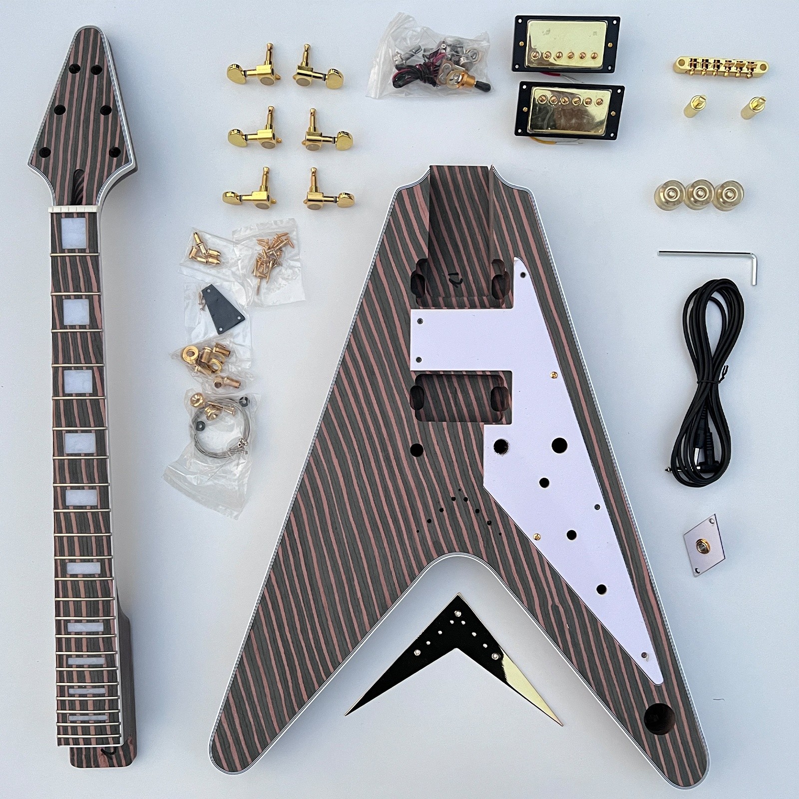 Set In Zebrawood DIY Electric Guitar Kits V shape Fixed Bridges Free Ship