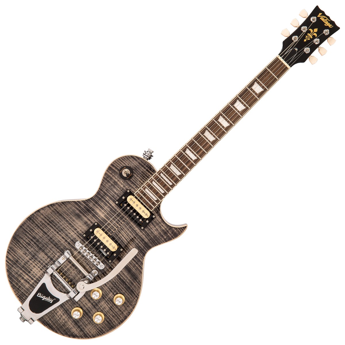 Vintage Reissued Series V100BLB Electric Guitar, Flamed Thru Black W/ Bigsby