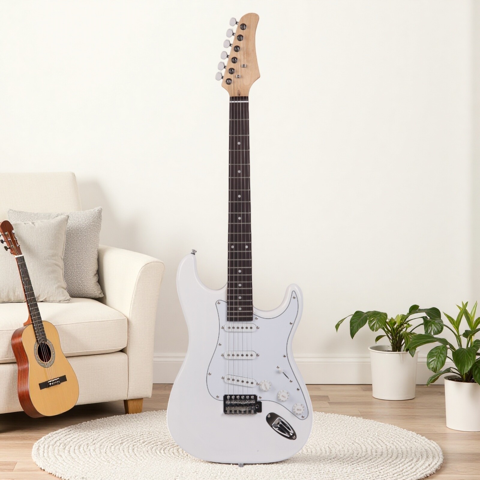 39″ Beginner S-Style Electric Guitar Set – Tremolo Full Size SSS-Pickups White
