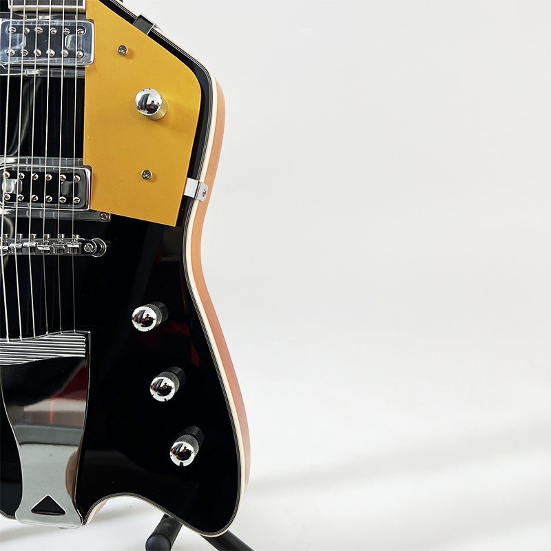 Shiny black alien-shaped electric guitar, gold pickguard, HH, solid wood, free s