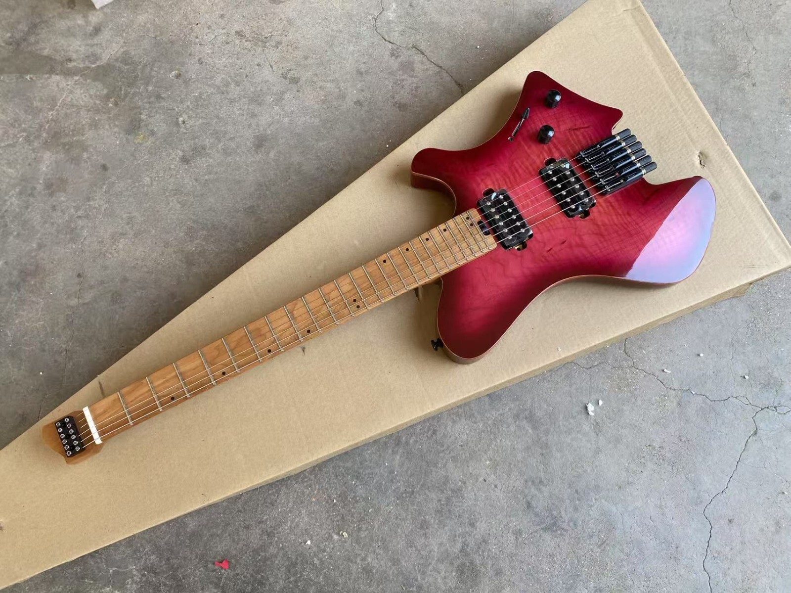 Acepro Gloss Purple Koa Headless Electric Guitar Jumbo Stainless Steel Frets