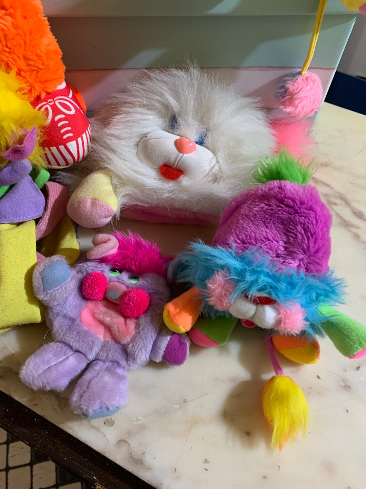 VINTAGE LOT toy DOLL POPPLES BAG MATTEL 1986-87 chips YELLOW BASKET PINK PURPLE