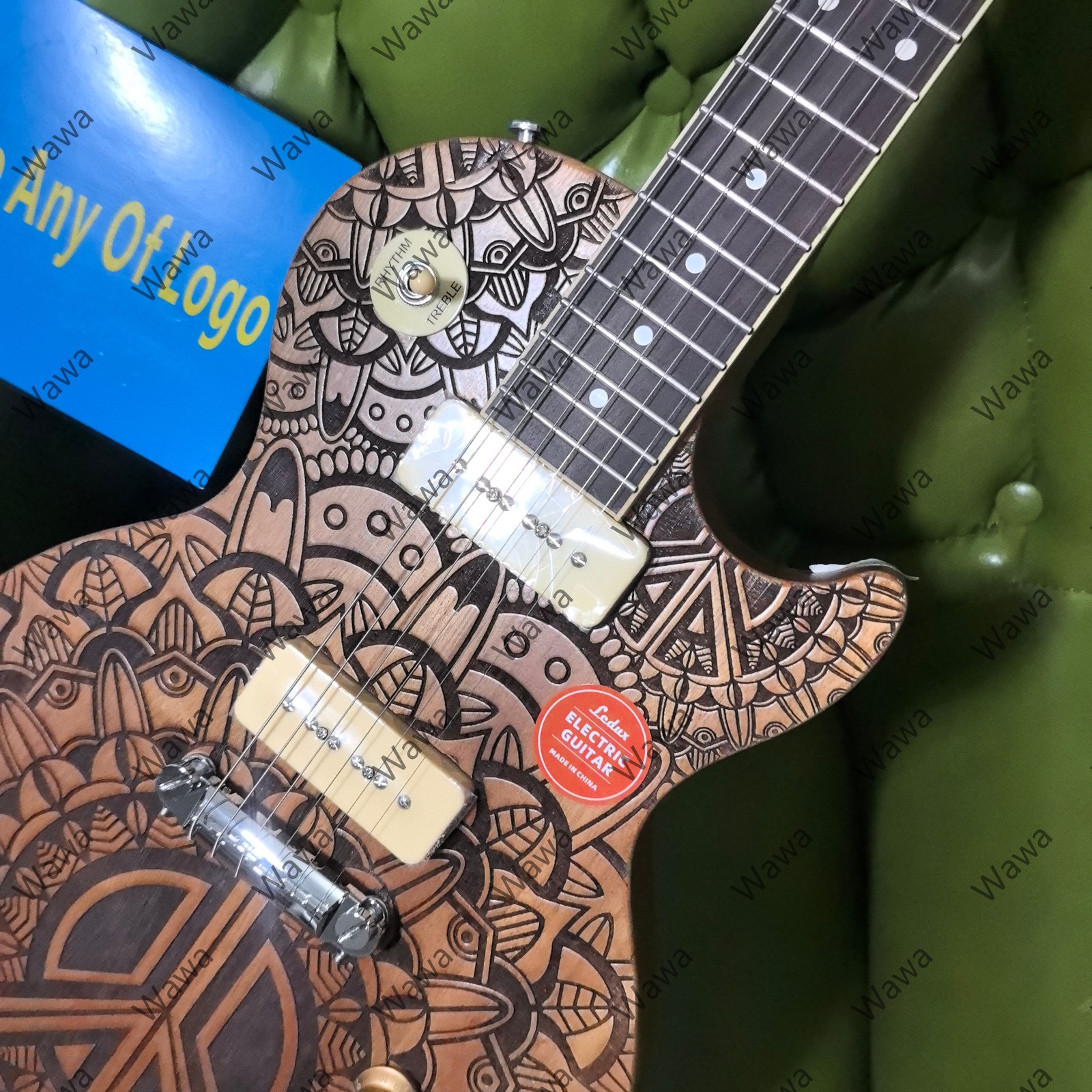Exquisite Electric Guitar Wood Engraved Peace Pattern Finish Dual P90 Pickups