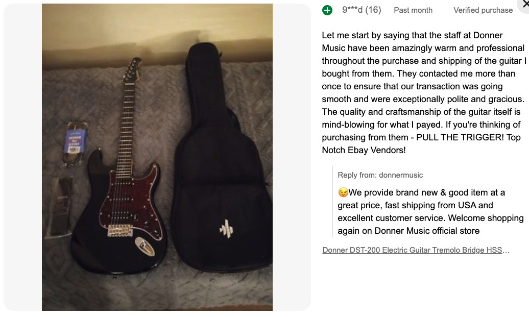 Donner DST-200 Electric Guitar With Gig Bag Strap Cable Online Lessons Black