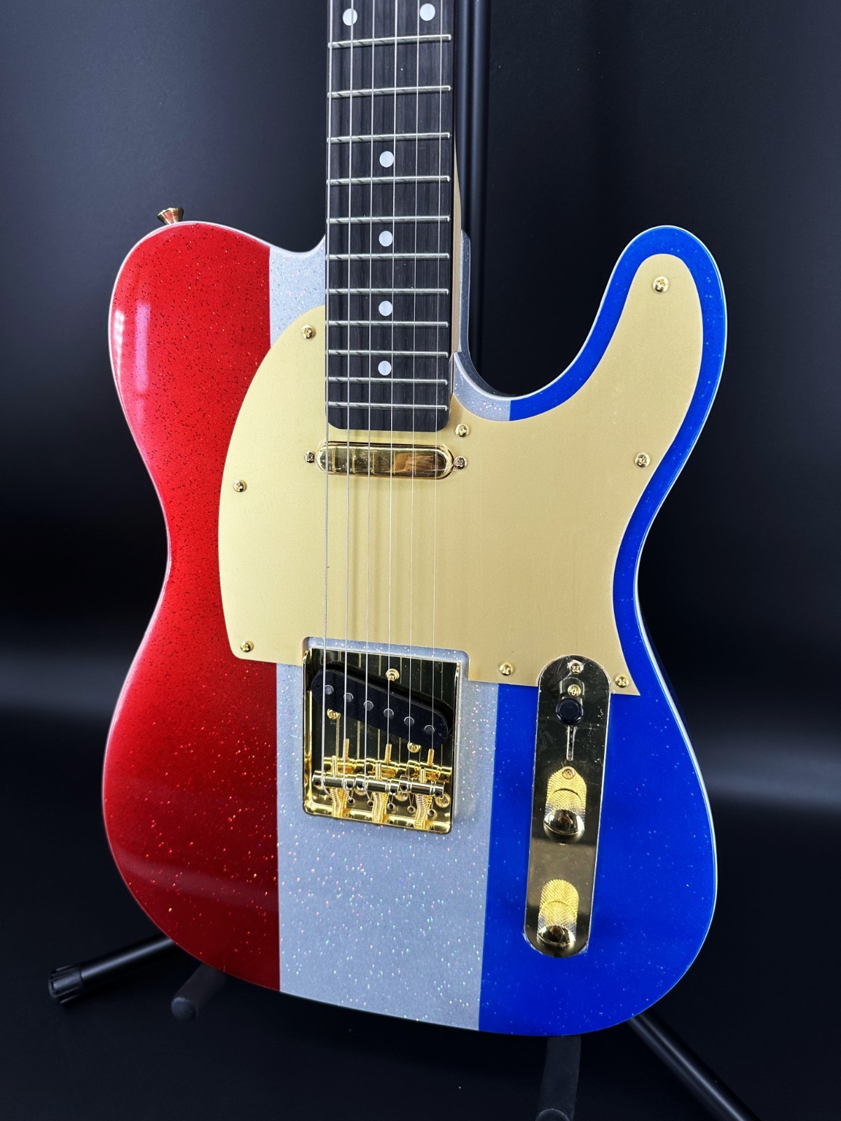 Custom TL Shape Electric Guitar Tri Color Glitter Body Gold Pickguard