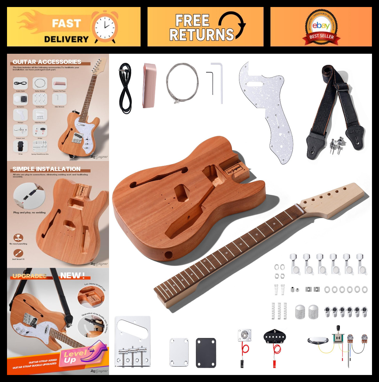 DIY Semi-Hollow Electric Guitar Kit – Mahogany Body, Maple Neck, Laurel Fretboar