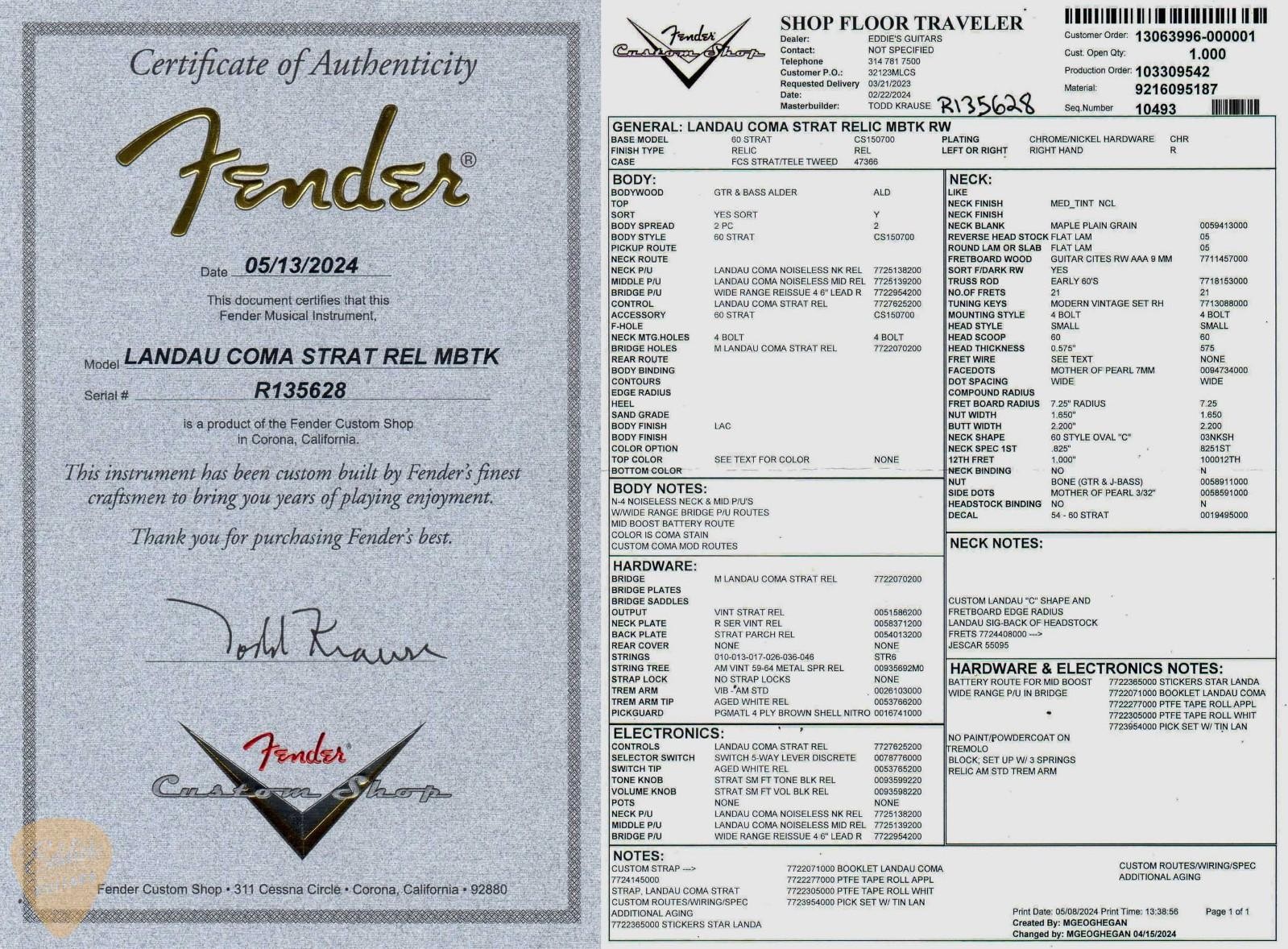 2024 – Fender Custom Shop Masterbuilt Michael Landau “Coma” Stratocaster Relic –