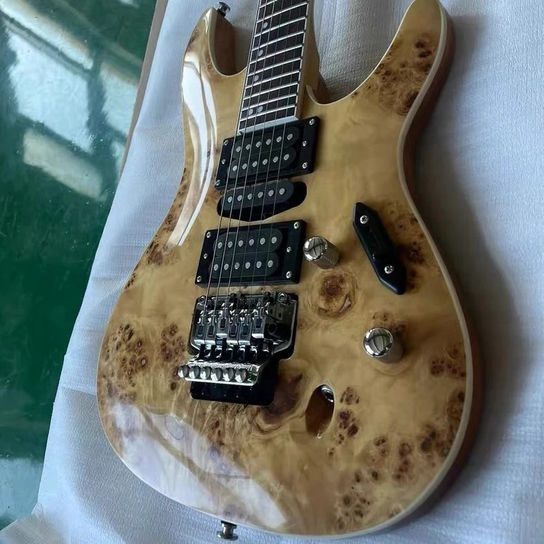 6 String Electric Guitar Natural Wood Burl Maple Veneer Rosewood Fretboard