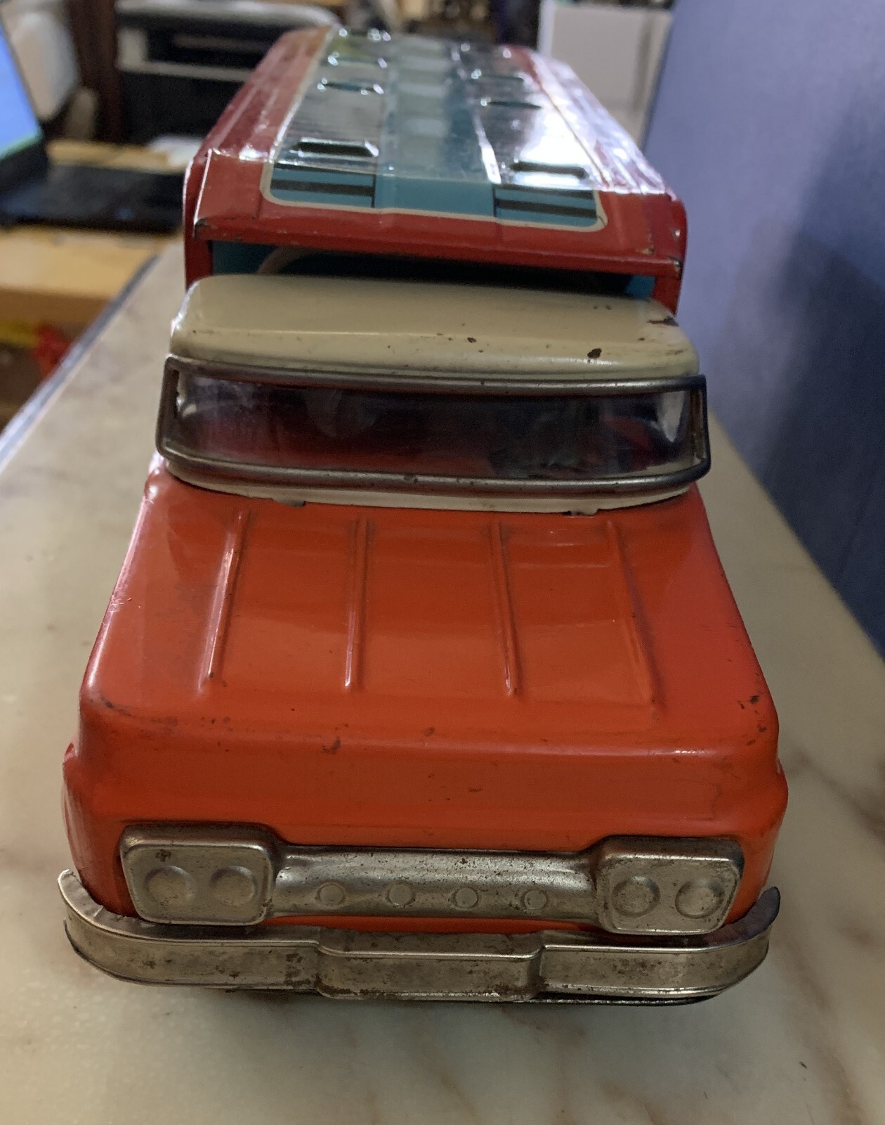 VINTAGE LARGE TIN TOY FRICTION T.n NOMURA TRUCK AUTO CARRIER TOY MOTOR JAPAN