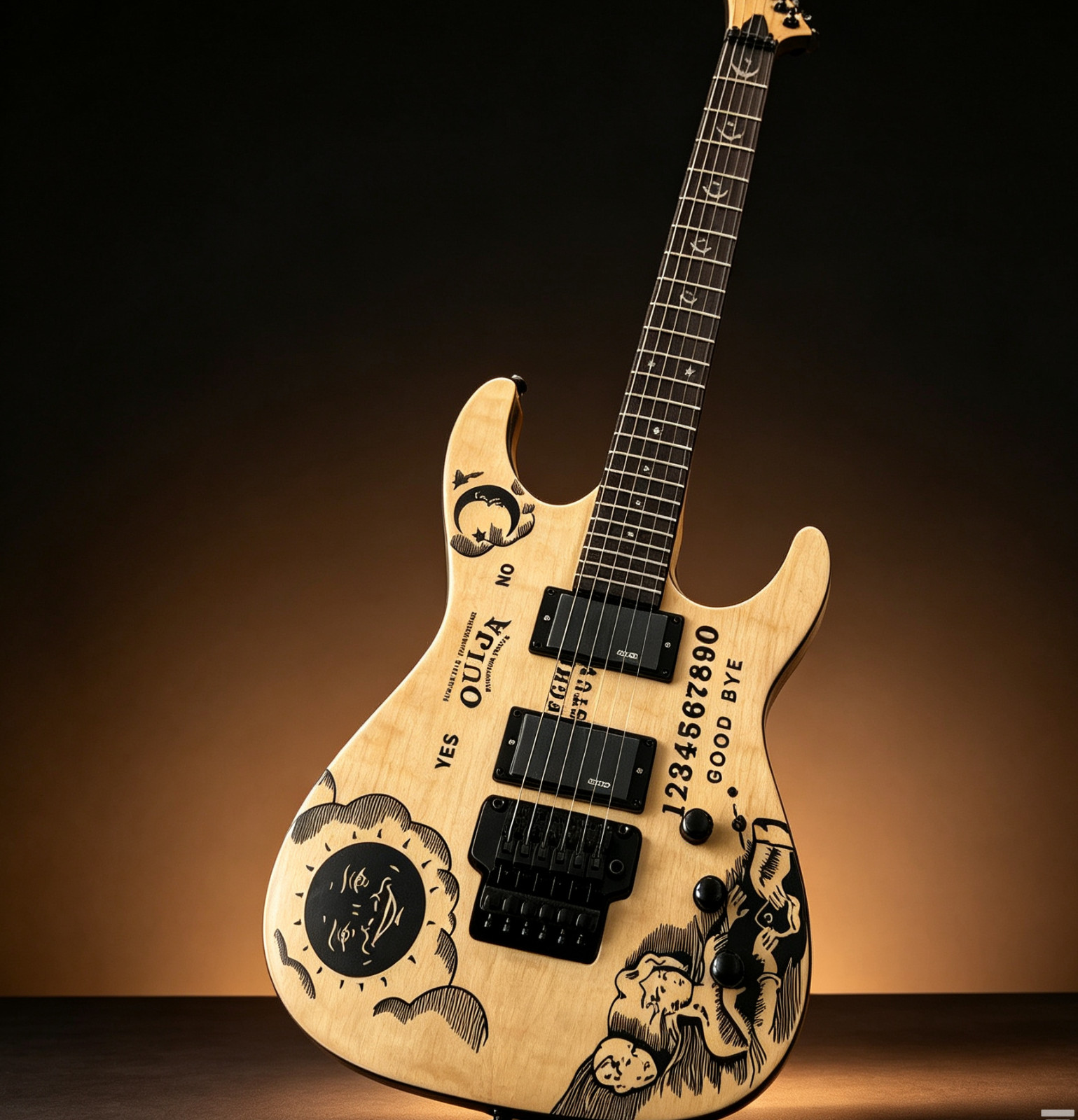 Natural Wood Hand-Drawn Electric Guitar, Black White Graffiti Graphic, Double Tr