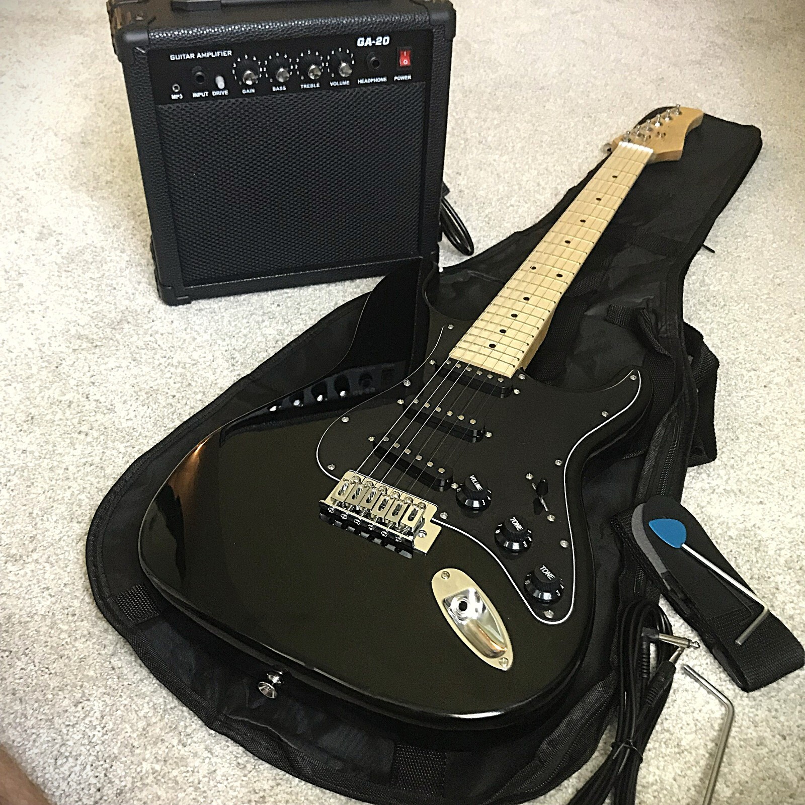 Black Electric Guitar Starter Package with 20-Watt Amp, Full-Size, Strat Style
