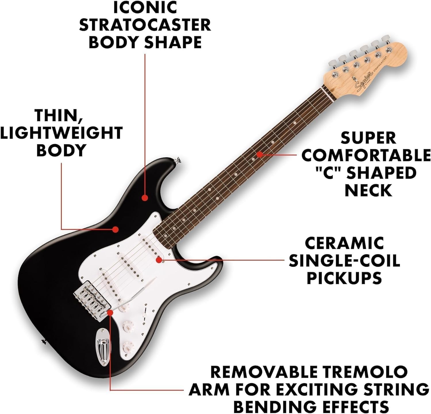 Squier Debut Stratocaster Beginner Electric Guitar Kit, Matte Black | Complet…