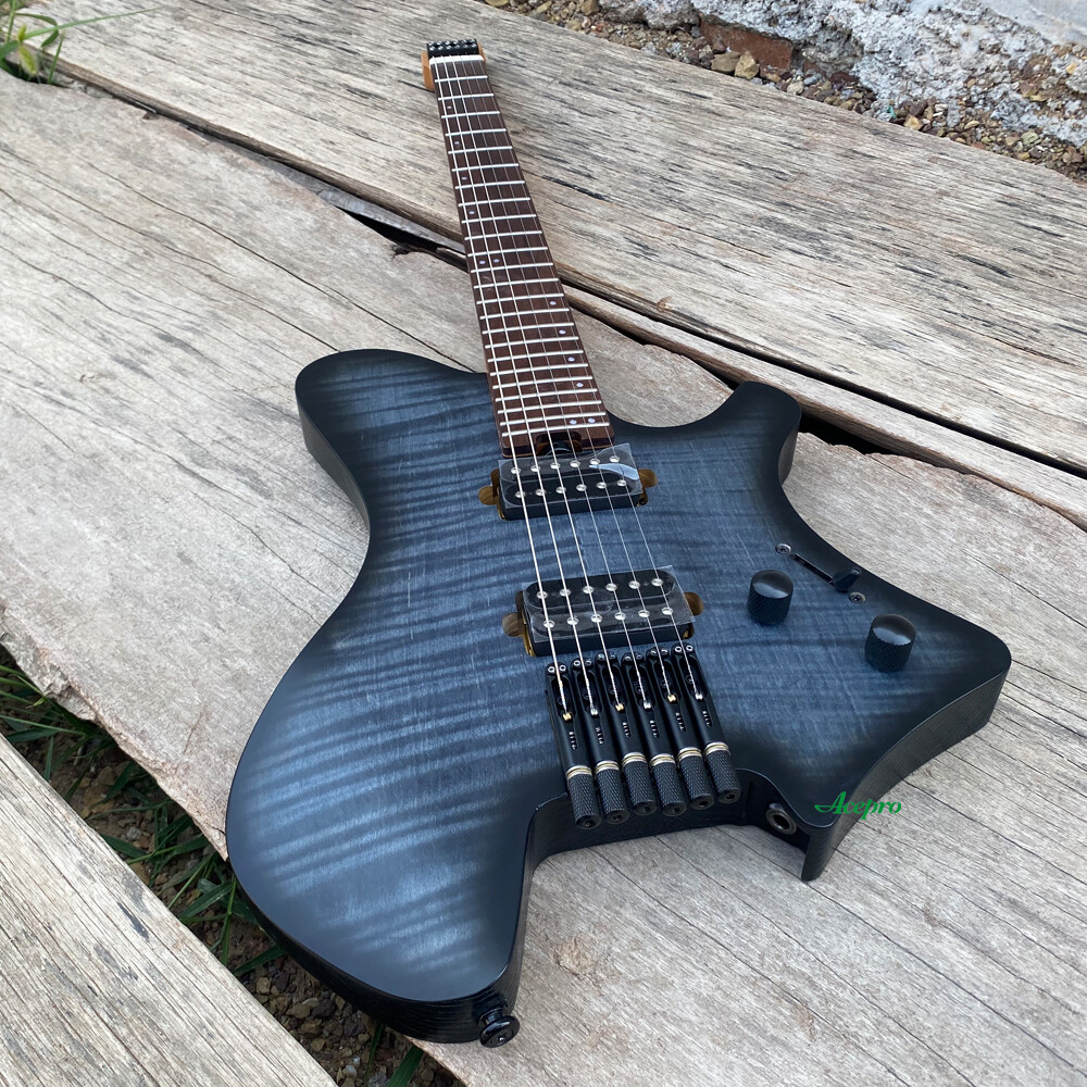 Acepro Upgraded Pro Headless Electric Guitar Black Burst Flame Maple Ash Body