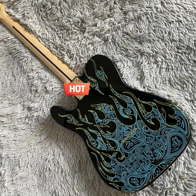 Solid Electric Guitar Stainless Fret Maple Neck Black Blue Flame Swirl Fast Ship
