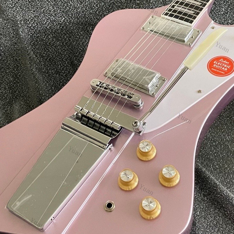 Metallic Pink Solid Body Electric Guitar Long Tailpiece Tremolo Arm HH Pickups