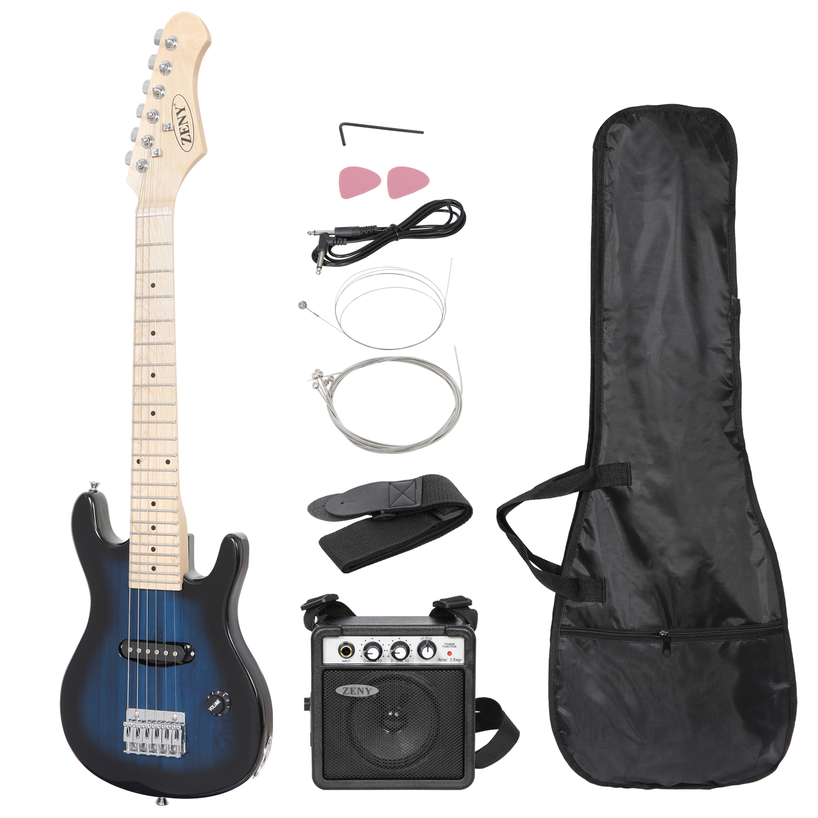 30″ Blue Full Size Beginner Electric Guitar Set with Case Strap Capo Strings