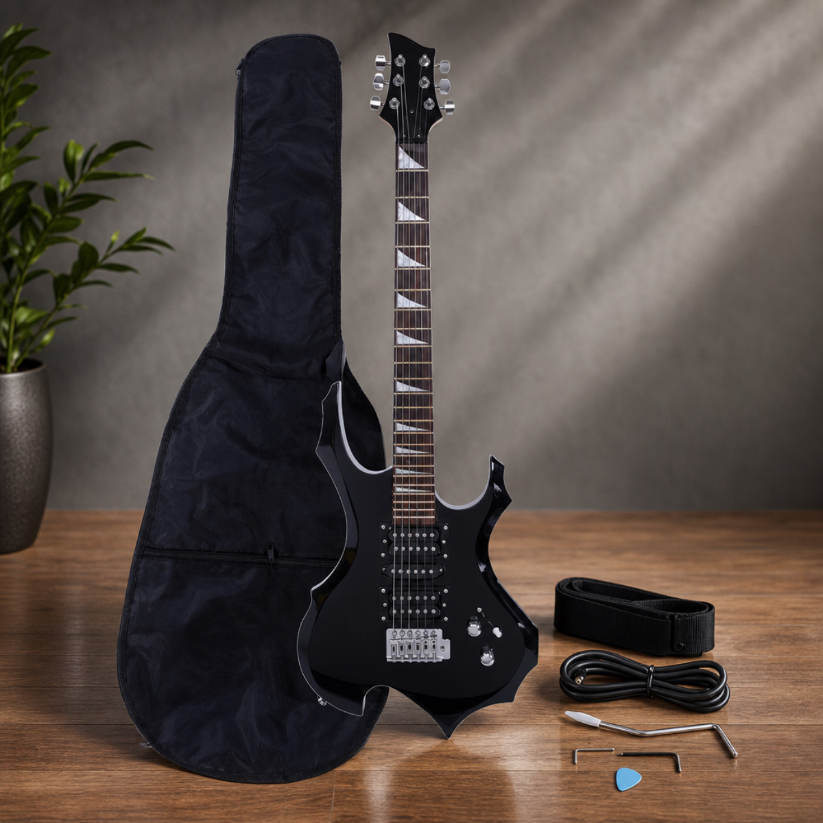 Black Flame Style Electric Guitar Beginner Bundle Bag Strap Cable Picks HSH