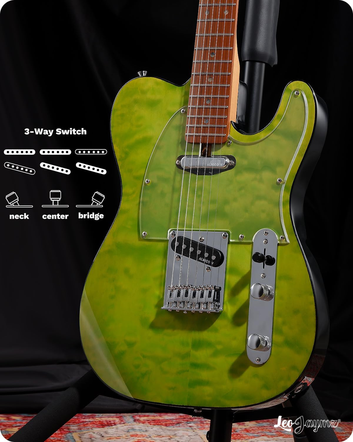 Leo Jaymz TL Electric Guitar Green Ocean Maple Top Mahogany Alnico V Pickups