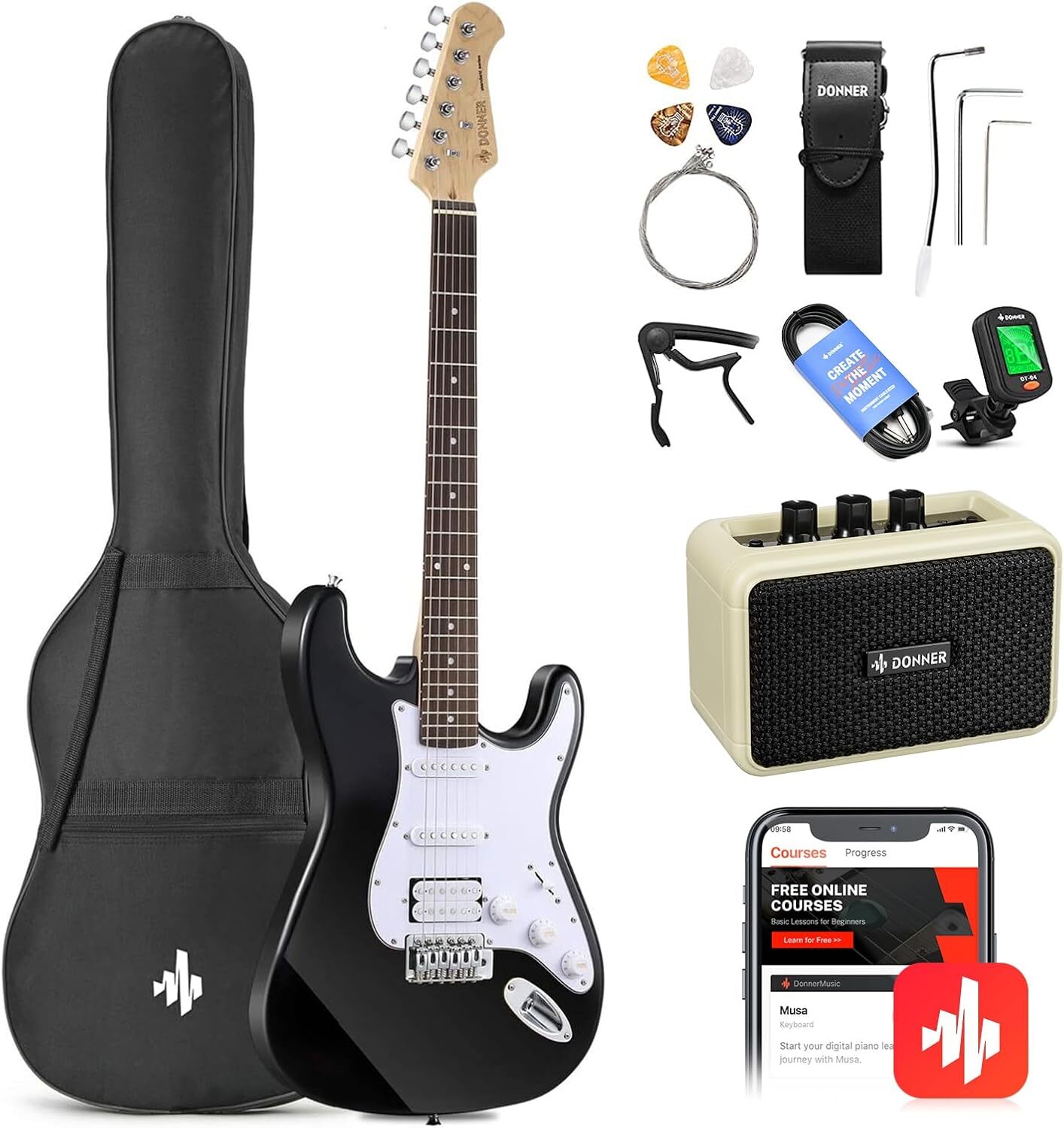 🎸 Donner DST-100 Electric Guitar With Amplifier Gig Bag & Accessories Black