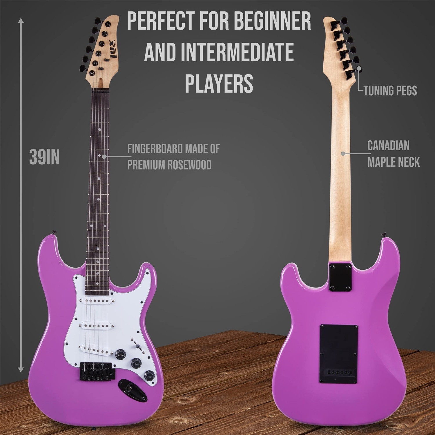 LyxPro 39in Electric Guitar Kit 20W Amp Tuner Picks Strap Case Full Retro Purple