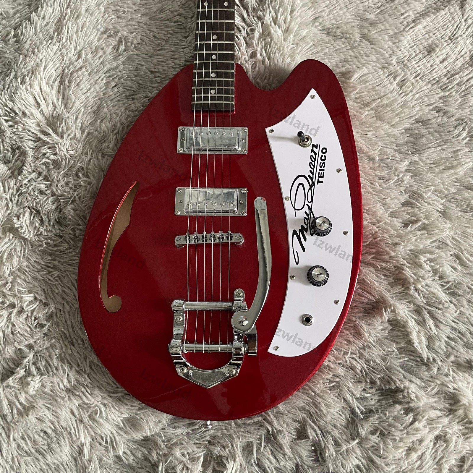 Red Semi-Hollow Electric Jazz Guitar H-H Pickups Bigsby Egg Shape Chrome HW