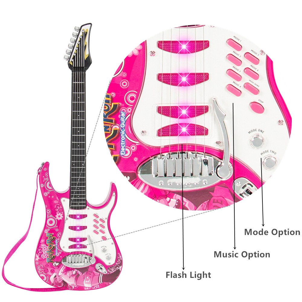 Kids Pink Karaoke Electric Guitar Set MP3 Player Learning Toys Microphone, Amp