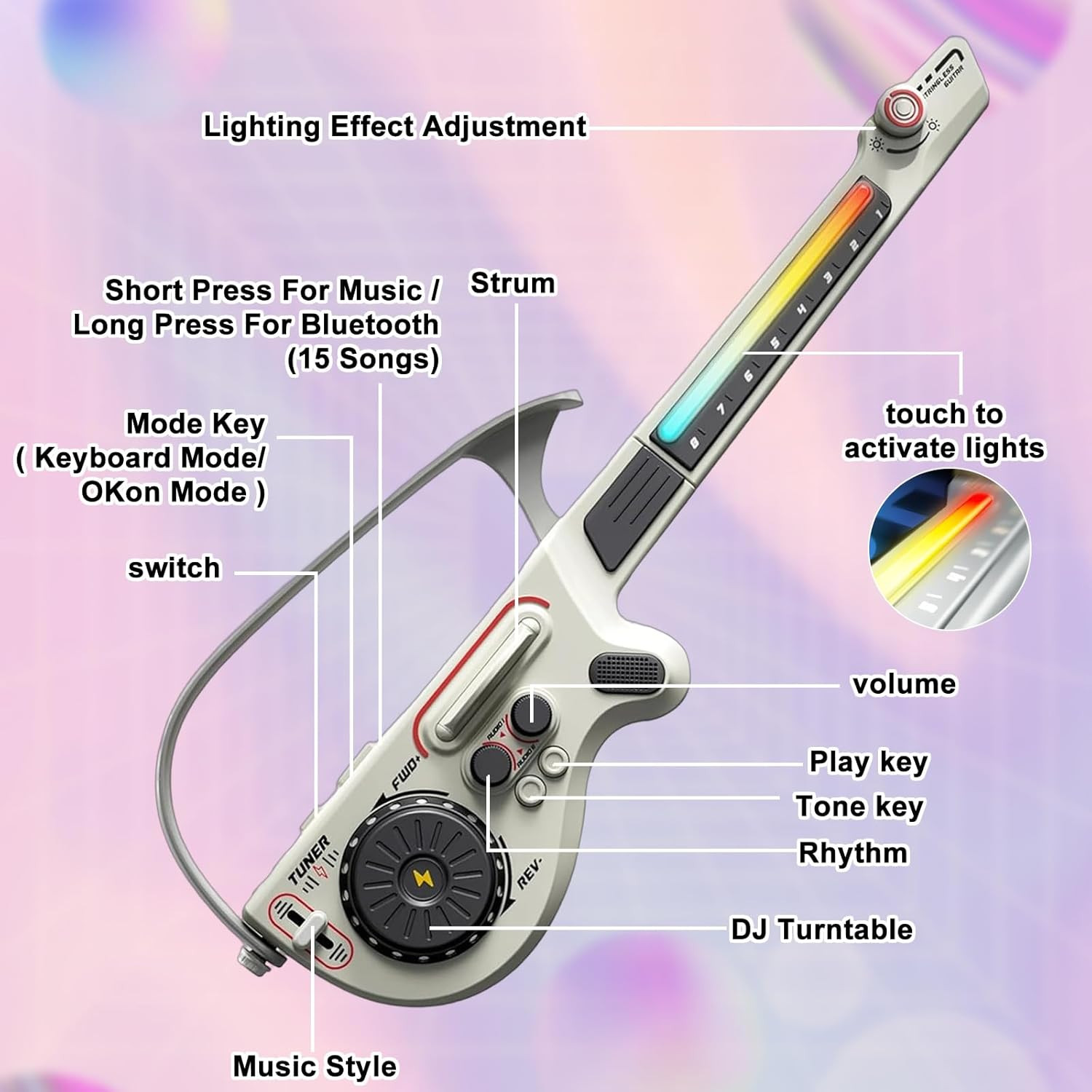 Smart Guitar for Kids, Stringless Electric Guitar Toy with Bluetooth, 4 Tones &
