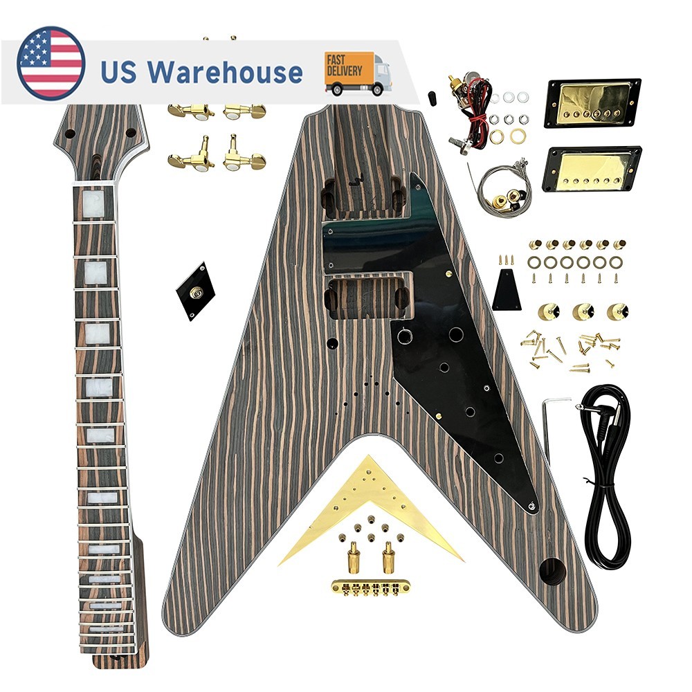 DIY Electric Guitar Kits Set Neck V Bridges Unfinished Zebrawood Free Ship