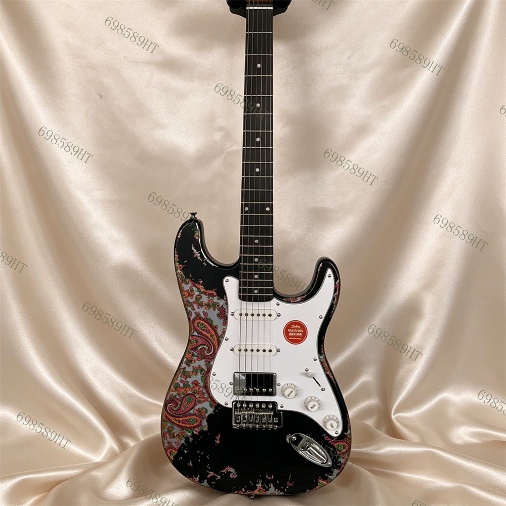 Solid Electric Guitar Tremolo Bridge Stainless Fret Black over Red Paisley