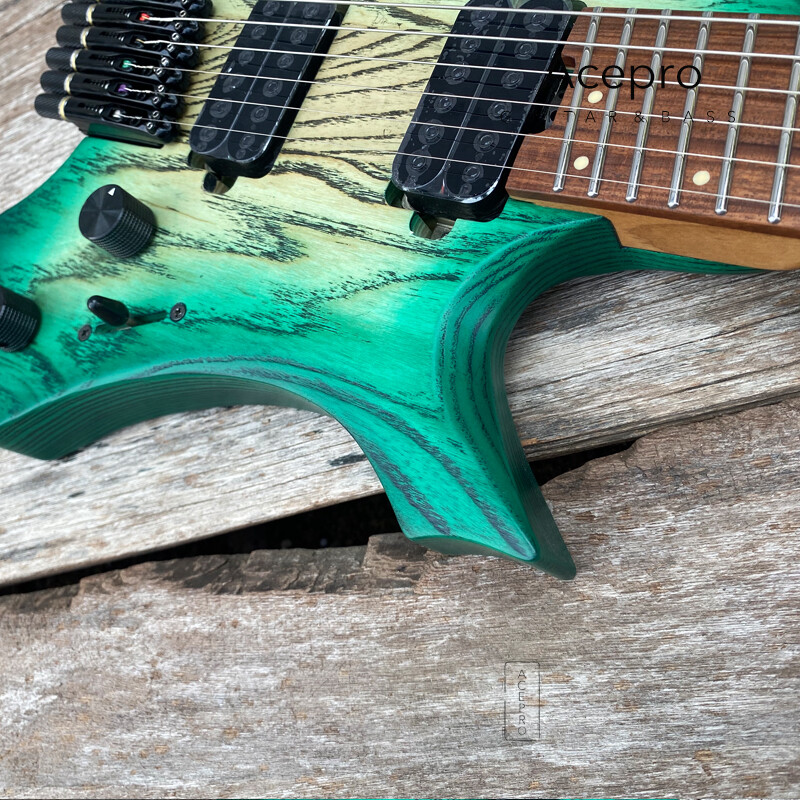 Green Burst Headless Electric Guitar Jumbo Stainless Steel Oblique Fret Ash Body