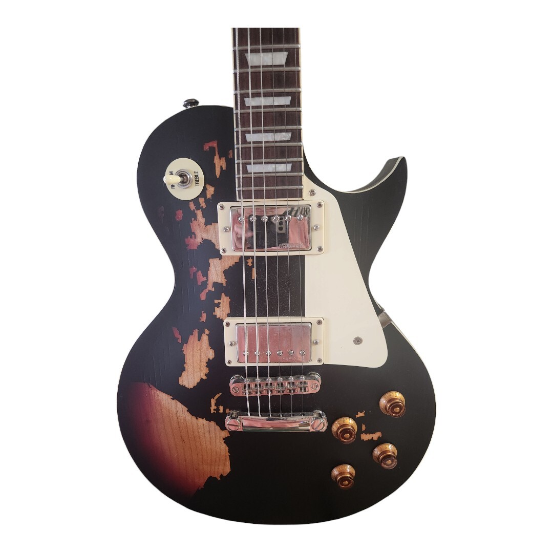 Vintage Icon Series V100MRBK Electric Guitar Distressed Black over Sunburst