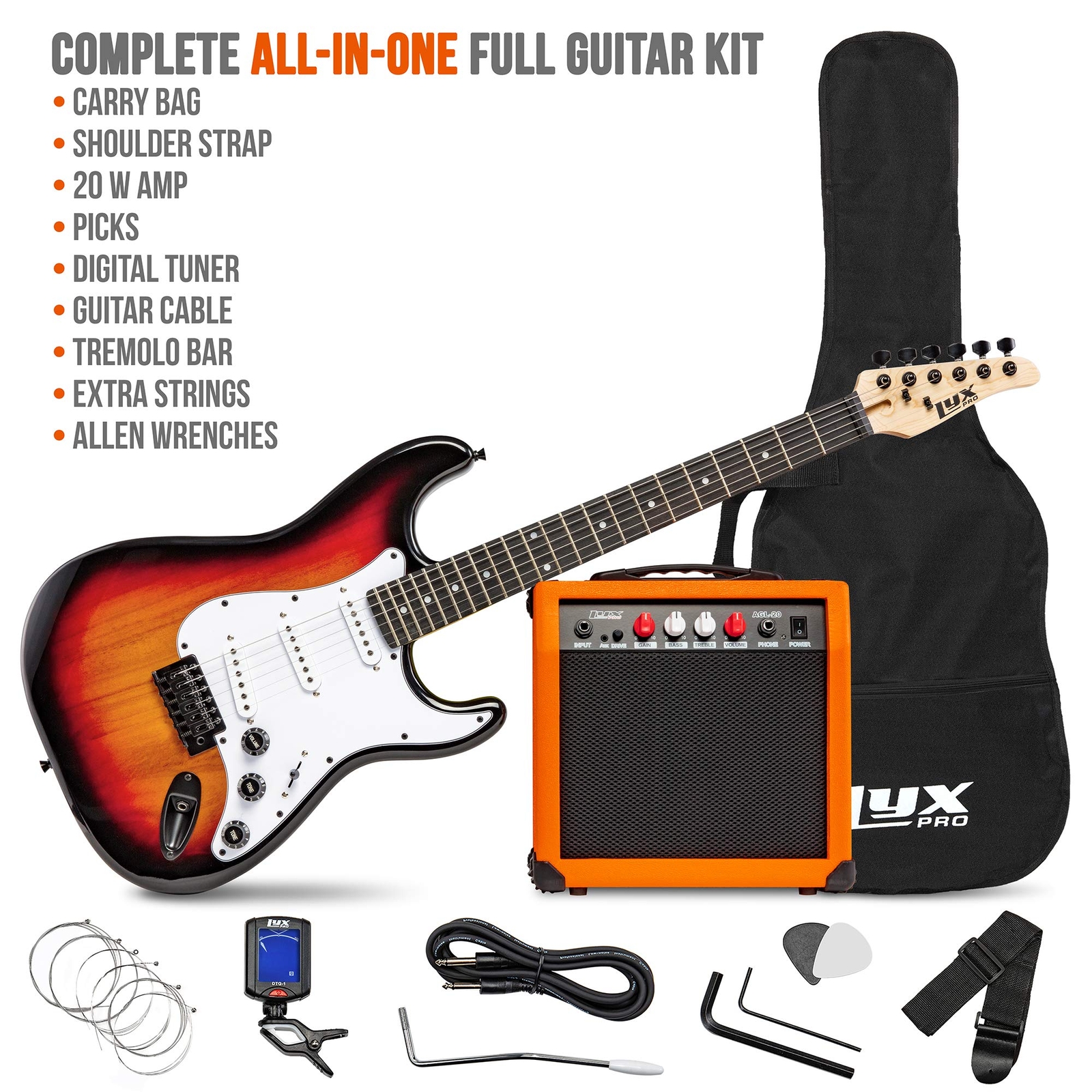 LyxPro Beginner 39” Electric Guitar & Electric Guitar Accessories, Sunburst
