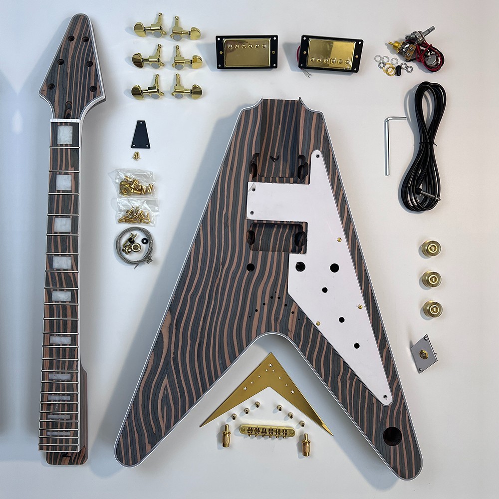 DIY Electric Guitar Kits V Shape Fixed Bridge Set Neck Zebrawood FREE SHIP